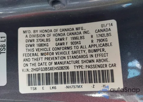 2014 Honda Civic Lx from USA, damaged, VIN 2HGFG3B5XEH508206